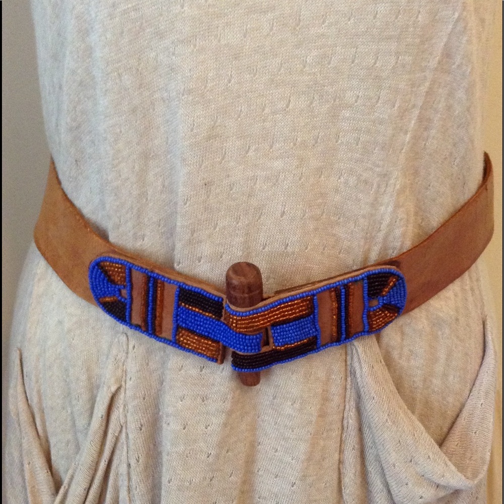 Handmade leather beaded belt with in vibrant blue